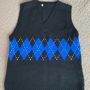Black and Blue Checkered Knit Sweater Vest